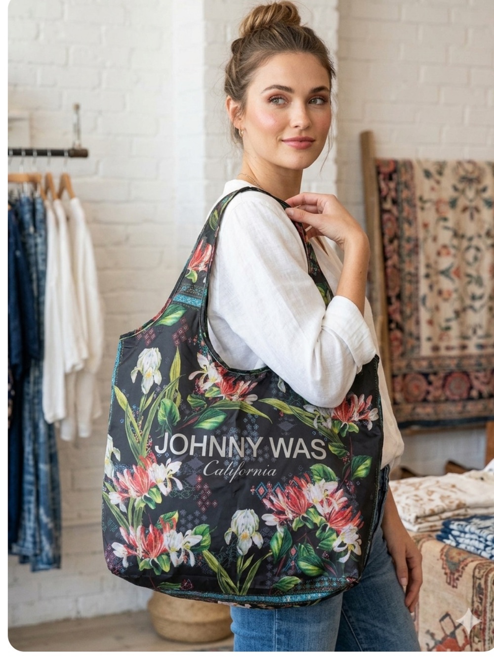 Johnny Was Black Floral Reusable Tote with Botanical Print
